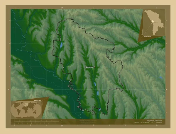 ニスポレンリ モルドバの地区 湖や川と色の標高マップ 地域の主要都市の位置と名前 コーナー補助位置図 — ストック写真