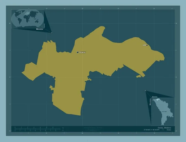 オニタ モルドバの地区 しっかりした色の形 地域の主要都市の位置と名前 コーナー補助位置図 — ストック写真