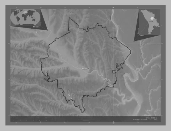 Orhei District Moldova Grayscale Elevation Map Lakes Rivers Locations Names — Stock Photo, Image