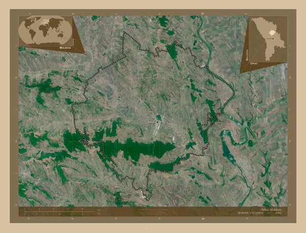 モルドバ地方のオルヘイ 低解像度衛星地図 地域の主要都市の位置と名前 コーナー補助位置図 — ストック写真