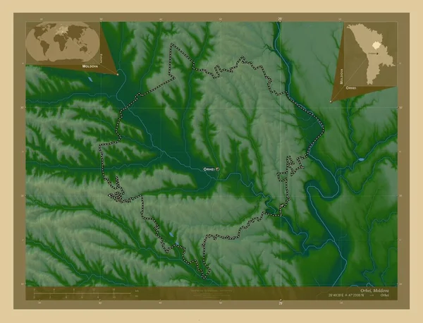 モルドバ地方のオルヘイ 湖や川と色の標高マップ 地域の主要都市の位置と名前 コーナー補助位置図 — ストック写真