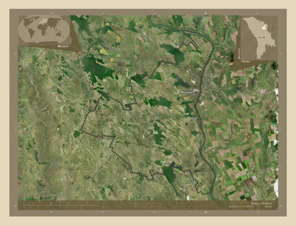 レジーナ モルドバの地区 高解像度衛星地図 地域の主要都市の位置と名前 コーナー補助位置図 — ストック写真