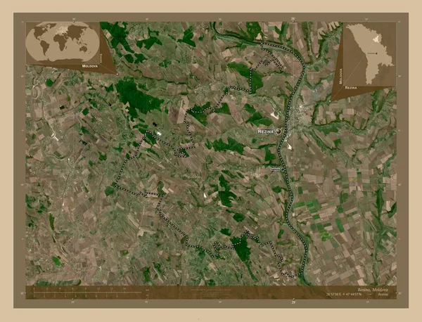 Rezina 摩尔多瓦区 低分辨率卫星地图 该区域主要城市的地点和名称 角辅助位置图 — 图库照片