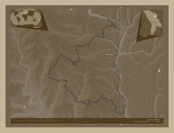 レジーナ モルドバの地区 湖や川とセピアトーンで着色された標高マップ 地域の主要都市の位置と名前 コーナー補助位置図 — ストック写真