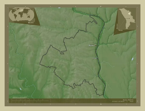 Rezina Distriktet Moldavien Höjd Karta Färgad Wiki Stil Med Sjöar — Stockfoto