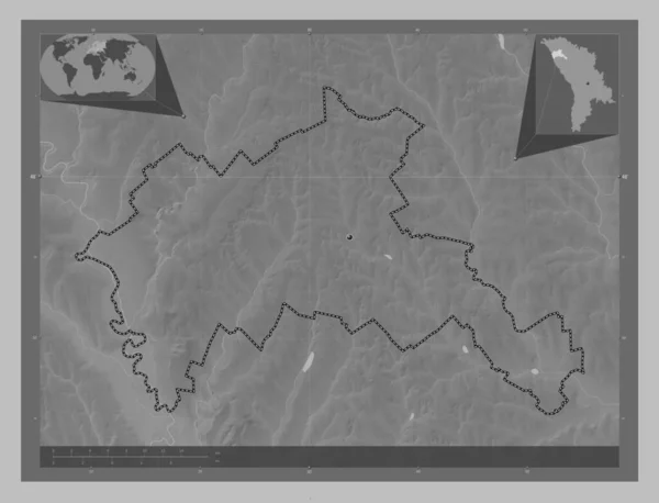 Riscani Kreis Moldawien Graustufen Höhenkarte Mit Seen Und Flüssen Standorte — Stockfoto