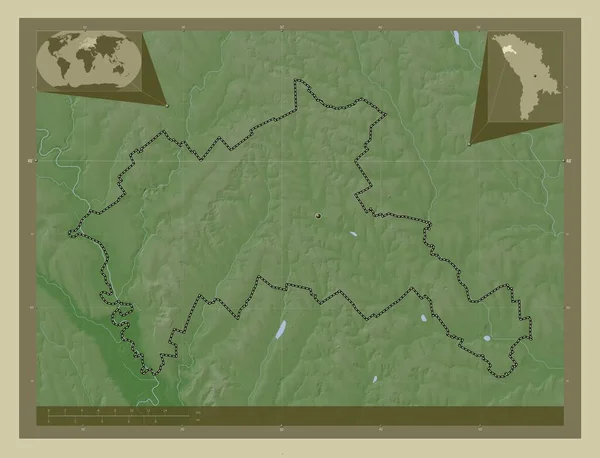 Riscani 地区Of Moldova 用Wiki风格绘制的带有湖泊和河流的高程地图 该区域主要城市的所在地点 角辅助位置图 — 图库照片