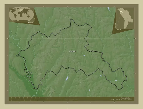 Riscani 地区Of Moldova 用Wiki风格绘制的带有湖泊和河流的高程地图 该区域主要城市的地点和名称 角辅助位置图 — 图库照片