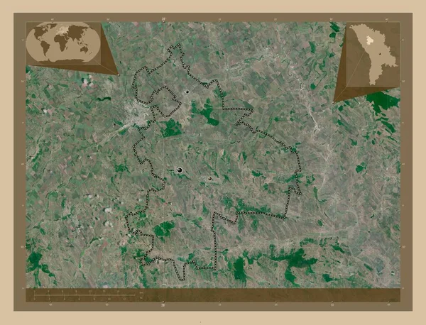 シンガレリ モルドバの地区 低解像度衛星地図 地域の主要都市の場所 コーナー補助位置図 — ストック写真