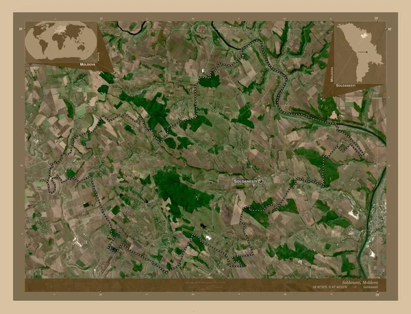 モルドバのソルダネスティ県 低解像度衛星地図 地域の主要都市の位置と名前 コーナー補助位置図 — ストック写真