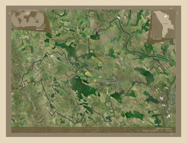 モルドバのソルダネスティ県 高解像度衛星地図 地域の主要都市の位置と名前 コーナー補助位置図 — ストック写真