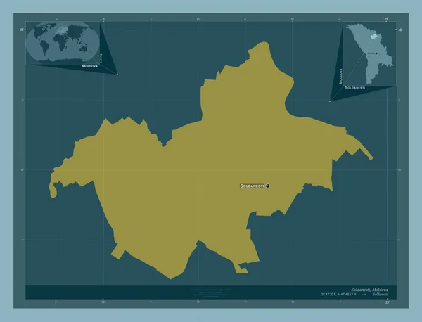 Soldanesti 摩尔多瓦区 固体的颜色形状 该区域主要城市的地点和名称 角辅助位置图 — 图库照片