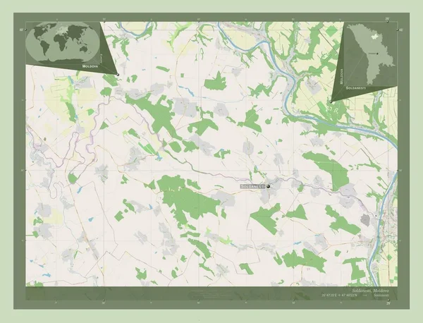 Soldanesti 摩尔多瓦区 开放街道地图 该区域主要城市的地点和名称 角辅助位置图 — 图库照片