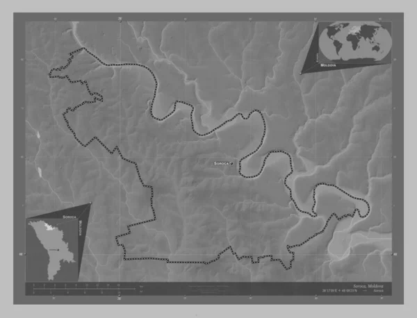 Soroca Dzielnica Mołdawii Mapa Wzniesień Skali Szarości Jeziorami Rzekami Lokalizacje — Zdjęcie stockowe