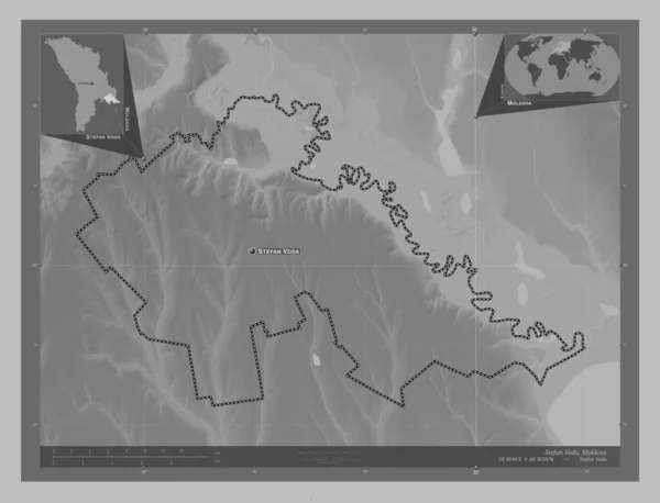 Stefan Voda摩尔多瓦区带有湖泊和河流的灰度高程图 该区域主要城市的地点和名称 角辅助位置图 — 图库照片