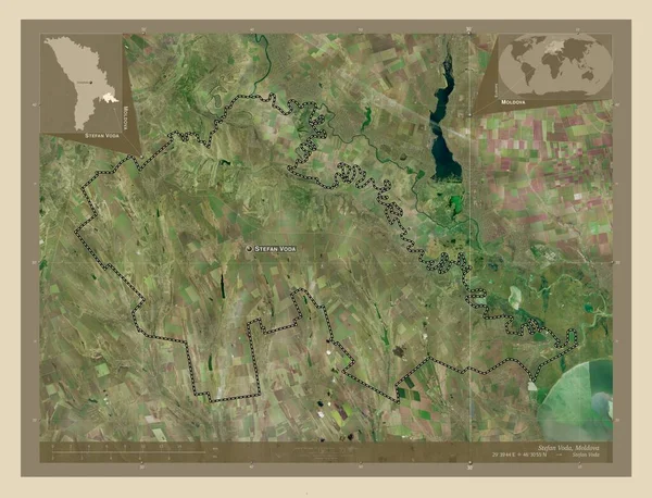 モルドバ共和国のシュテファン ヴォダ 高解像度衛星地図 地域の主要都市の位置と名前 コーナー補助位置図 — ストック写真
