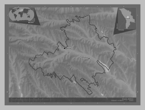 Straseni District Moldova Grayscale Elevation Map Lakes Rivers Locations Names — Stock Photo, Image