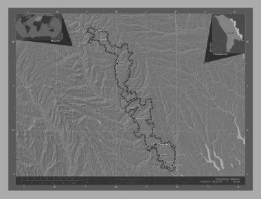 Transnistria, Moldova 'nın toprak birimi. Göllü ve nehirli çift katlı yükseklik haritası. Bölgenin büyük şehirlerinin yerleri ve isimleri. Köşedeki yedek konum haritaları