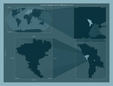 Ungheni, Moldova bölgesi. Büyük ölçekli haritalarda bölgenin yerini gösteren diyagram. Katı bir arkaplan üzerinde vektör çerçevelerinin ve PNG şekillerinin bileşimi
