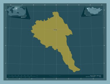 Bayan Olgiy, Moğolistan ili. Katı renk şekli. Bölgenin büyük şehirlerinin yerleri ve isimleri. Köşedeki yedek konum haritaları