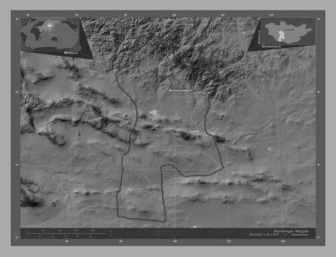 Bayanhongor, Moğolistan vilayeti. Göllü ve nehirli çift katlı yükseklik haritası. Bölgenin büyük şehirlerinin yerleri ve isimleri. Köşedeki yedek konum haritaları