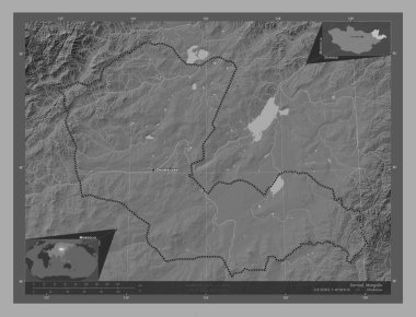 Dornod, Moğolistan vilayeti. Göllü ve nehirli çift katlı yükseklik haritası. Bölgenin büyük şehirlerinin yerleri ve isimleri. Köşedeki yedek konum haritaları