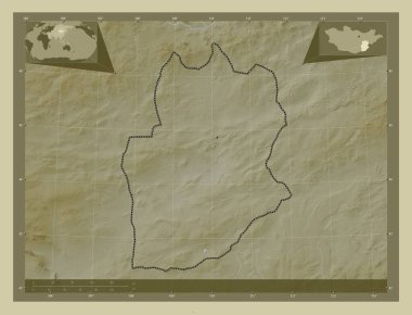 Dornogovi, Moğolistan vilayeti. Yükseklik haritası göller ve nehirlerle wiki tarzında renklendirilmiş. Bölgenin büyük şehirlerinin yerleri. Köşedeki yedek konum haritaları