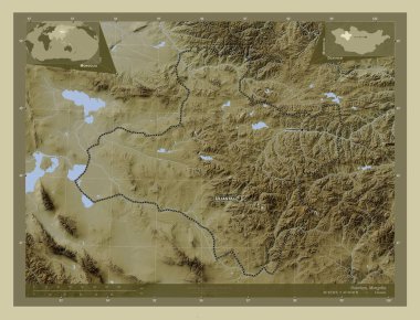 Dzavhan, Moğolistan vilayeti. Yükseklik haritası göller ve nehirlerle wiki tarzında renklendirilmiş. Bölgenin büyük şehirlerinin yerleri ve isimleri. Köşedeki yedek konum haritaları