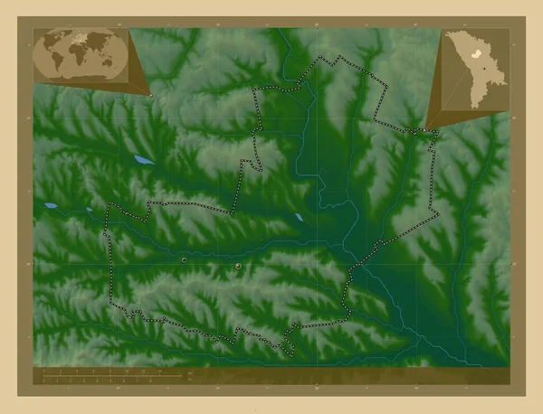 Telenesti 摩尔多瓦地区 有湖泊和河流的彩色高程图 该区域主要城市的所在地点 角辅助位置图 — 图库照片