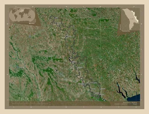 德涅斯特河左岸 摩尔多瓦的领土单位 高分辨率卫星地图 该区域主要城市的地点和名称 角辅助位置图 — 图库照片
