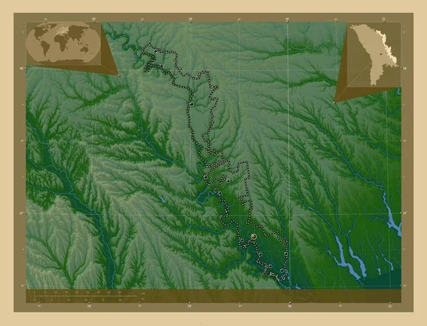 トランスニストリア モルドバの領土単位 湖や川と色の標高マップ 地域の主要都市の場所 コーナー補助位置図 — ストック写真