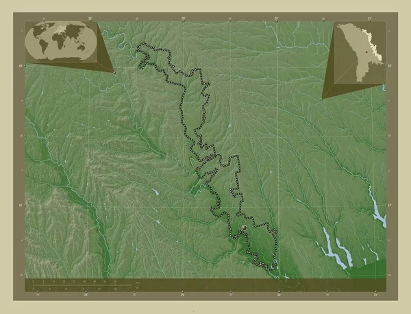 德涅斯特河左岸 摩尔多瓦的领土单位 用Wiki风格绘制的带有湖泊和河流的高程地图 角辅助位置图 — 图库照片