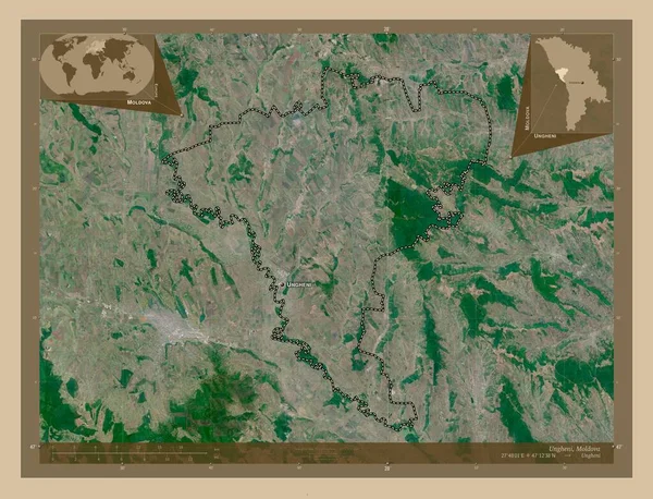 Ungheni 地区Of Moldova 低分辨率卫星地图 该区域主要城市的地点和名称 角辅助位置图 — 图库照片