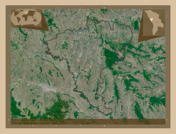 Ungheni 地区Of Moldova 低分辨率卫星地图 该区域主要城市的所在地点 角辅助位置图 — 图库照片