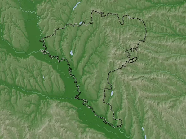 モルドバのウンゲニ県 湖や川とWikiスタイルで着色された標高マップ — ストック写真
