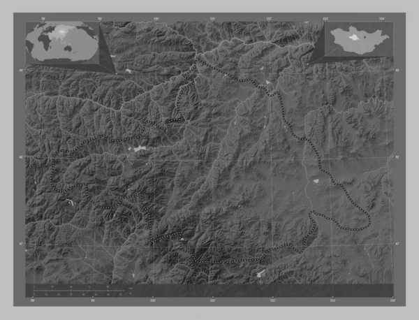 阿汉盖 带有湖泊和河流的灰度高程图 该区域主要城市的所在地点 角辅助位置图 — 图库照片