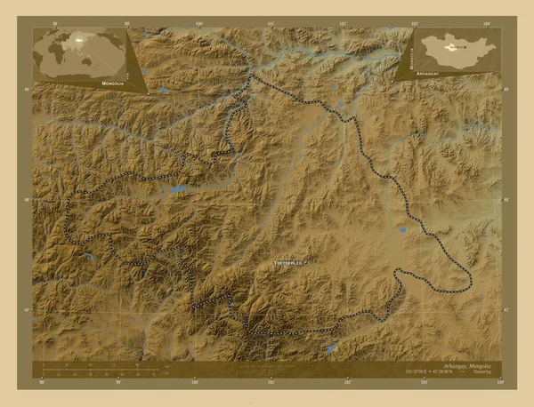 モンゴルの州Arhangay 湖や川と色の標高マップ 地域の主要都市の位置と名前 コーナー補助位置図 — ストック写真