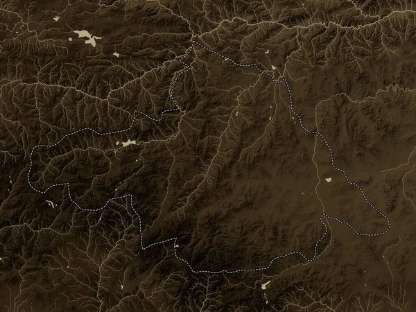 Arhangay, Moğolistan vilayeti. Yükseklik haritası sepya tonlarında göller ve nehirlerle renklendirilmiş
