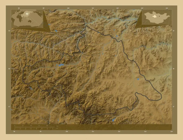 Arhangay Mongolsko Barevná Mapa Jezery Řekami Pomocné Mapy Polohy Rohu — Stock fotografie