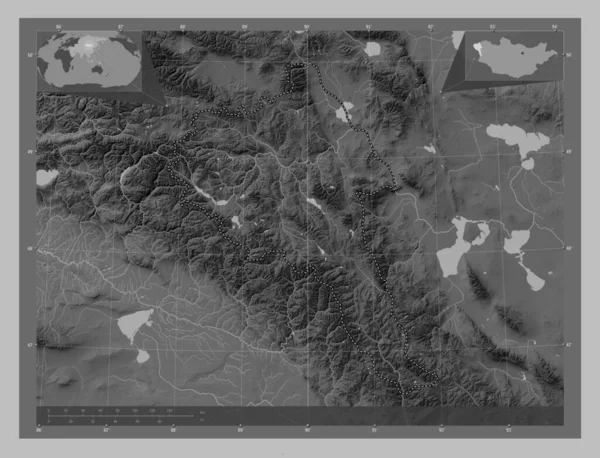 蒙古国Bayan Olgiy 带有湖泊和河流的灰度高程图 角辅助位置图 — 图库照片
