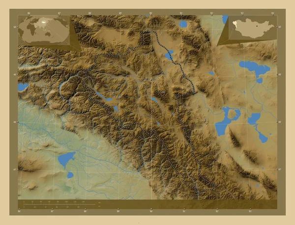 モンゴル国のバヤン オルギー県 湖や川と色の標高マップ 地域の主要都市の場所 コーナー補助位置図 — ストック写真
