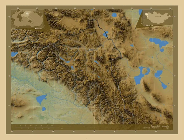 Bayan Olgiy Επαρχία Μογγολίας Χρωματιστός Υψομετρικός Χάρτης Λίμνες Και Ποτάμια — Φωτογραφία Αρχείου