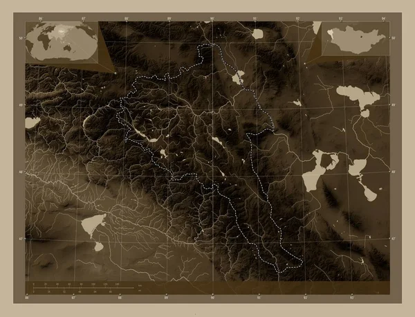 Bayan Olgiy Moğolistan Ili Yükseklik Haritası Sepya Tonlarında Göller Nehirlerle — Stok fotoğraf