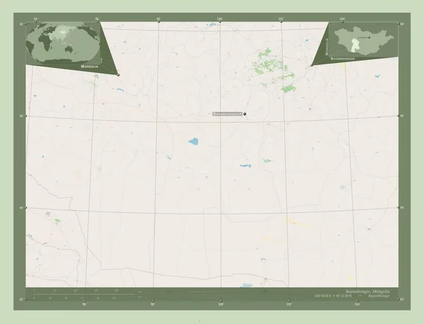 蒙古Bayanhongor省 开放街道地图 该区域主要城市的地点和名称 角辅助位置图 — 图库照片