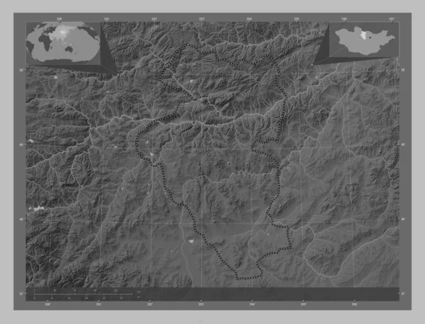 Bulgan Provincia Della Mongolia Mappa Elevazione Scala Grigi Con Laghi — Foto Stock