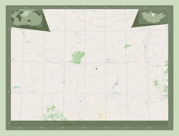 蒙古布尔甘省 开放街道地图 该区域主要城市的所在地点 角辅助位置图 — 图库照片