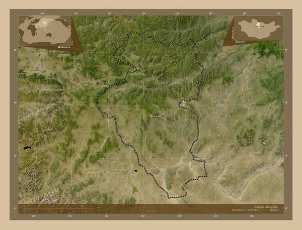 モンゴル国のブルガン州 低解像度衛星地図 地域の主要都市の位置と名前 コーナー補助位置図 — ストック写真