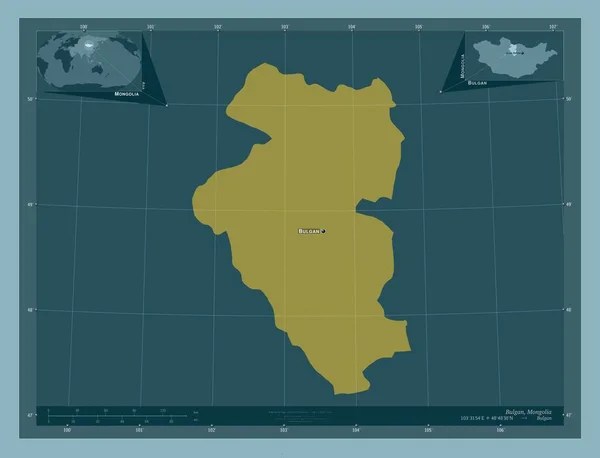 モンゴル国のブルガン州 しっかりした色の形 地域の主要都市の位置と名前 コーナー補助位置図 — ストック写真