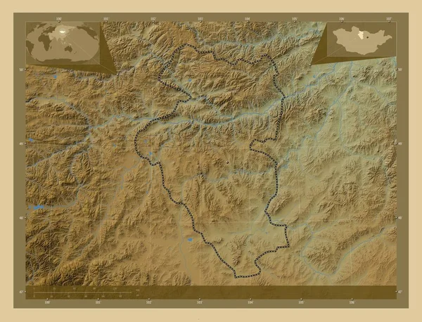 Bulgan Prowincja Mongolia Kolorowa Mapa Wzniesień Jeziorami Rzekami Pomocnicze Mapy — Zdjęcie stockowe