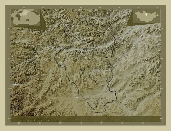 蒙古布尔甘省 用Wiki风格绘制的带有湖泊和河流的高程地图 该区域主要城市的所在地点 角辅助位置图 — 图库照片